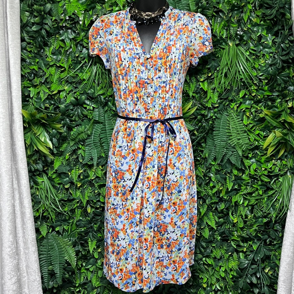 MSK Dress Size 6 Floral Print‎ Blue Orange Pleated Midi with Tie Belt 3016